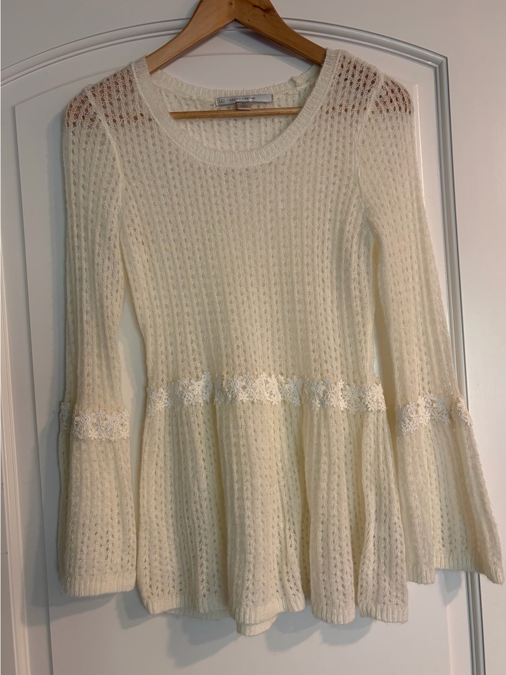 Cream Knit Flared Sweater with Lace Trim Accent X- Small
